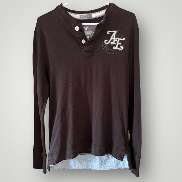 American Eagle Vintage Fit Mens Brown Long Sleeve Henley Shirt Size M - Picture 1 of 7
